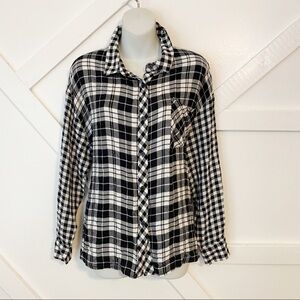 Tally Weijl Plaid Button Down Top Black White Sz L